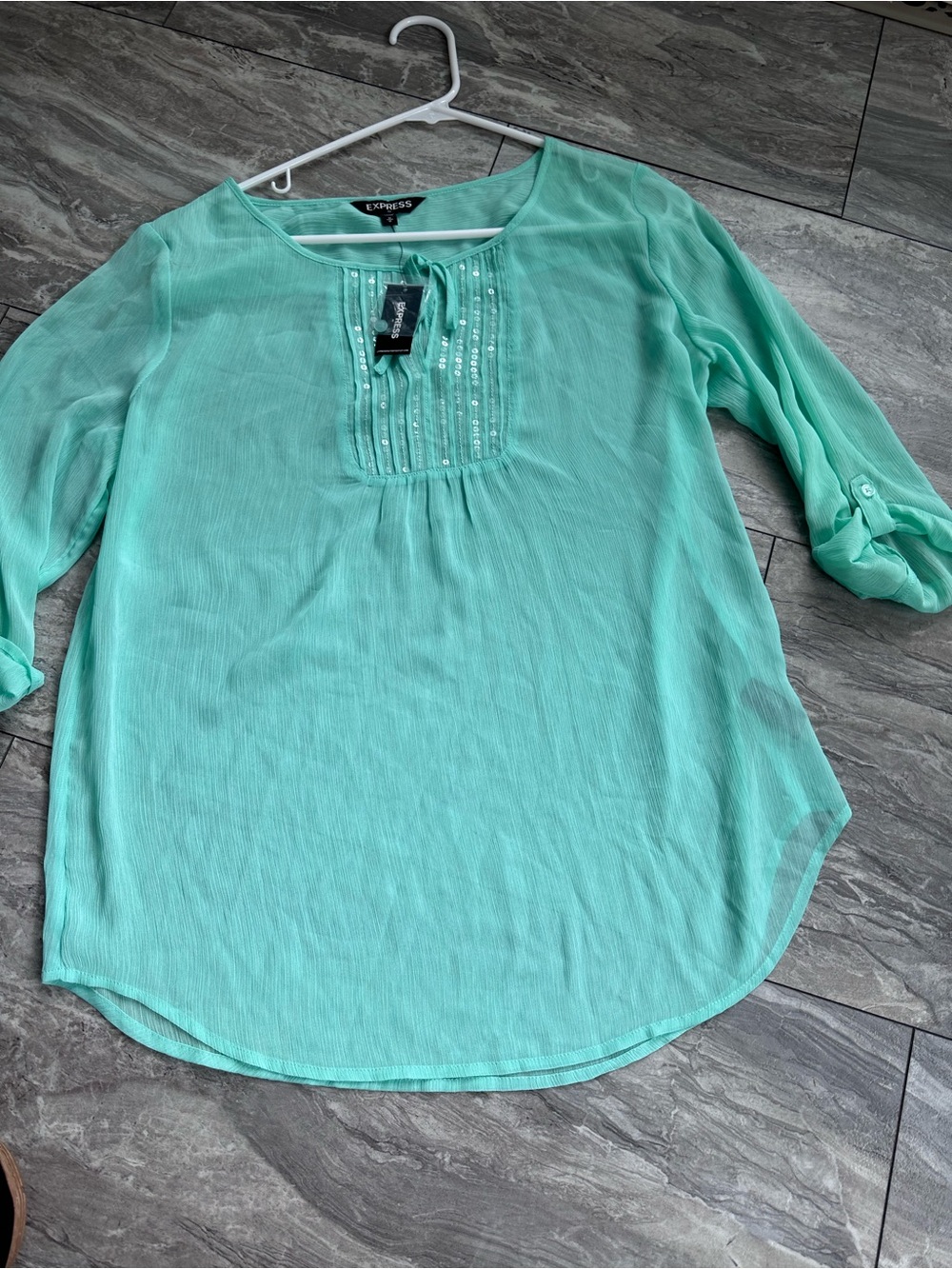 Express‎ Women's Mint Green Sequin-Trim Peasant Blouse M 0156